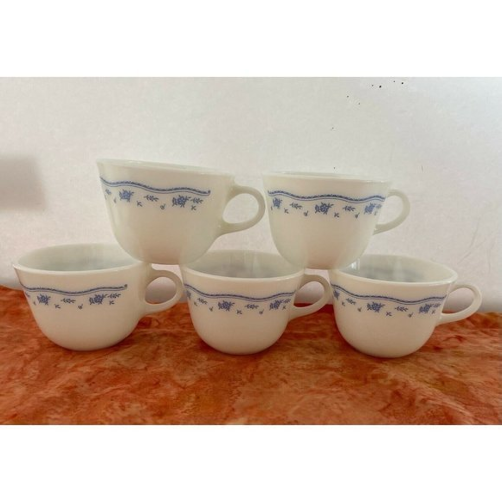 Set of 5‎ Vintage Pyrex Blue Morning Flower Milk Glass Coffee Tea Cups Mugs